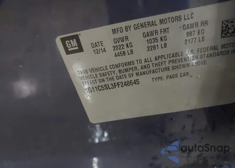 2015 Chevrolet Malibu 1Lt из США, поврежденный, VIN 1G11C5SL3FF248645